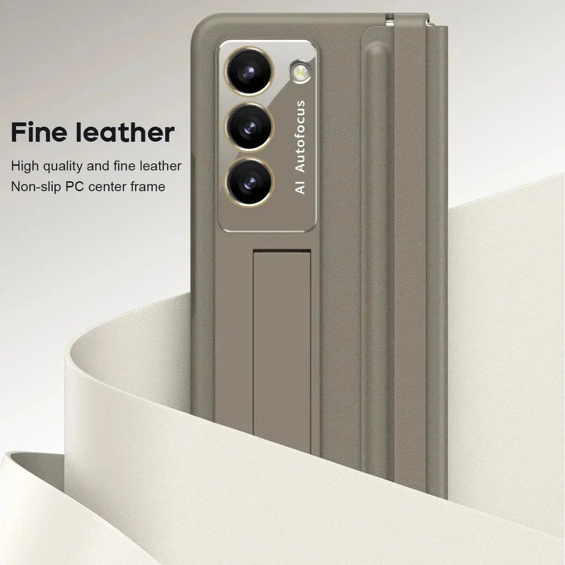 Folded smartphone with a tan fine leather case, triple AI autofocus cameras and a non-slip PC frame
