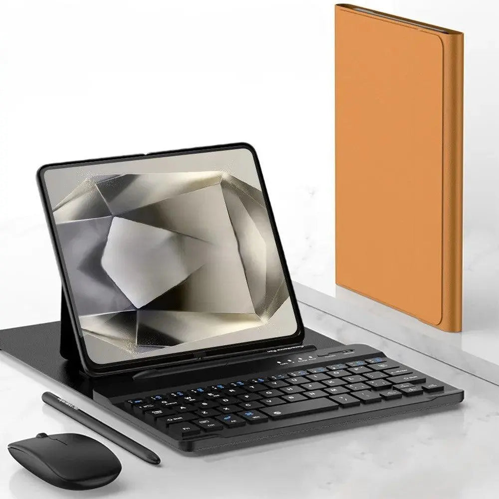 Tablet with black keyboard case, black stylus, black wireless mouse, and vertical tan folio case on white surface