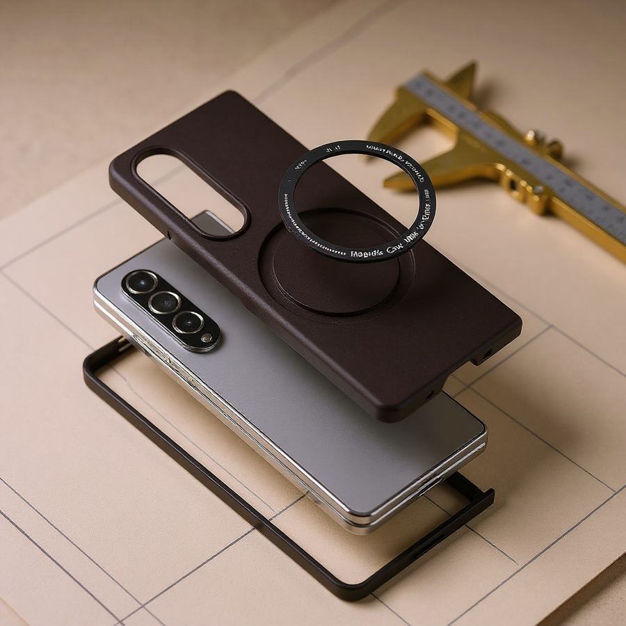 A foldable phone case measured with a brass caliper on cream drafting paper — a foldable case designer's checklist for what to look for in an iPhone Fold case