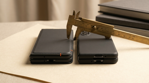 Two book-style foldable phone cases of different widths side by side with a brass caliper on cream paper — Galaxy Z Fold 8 versus Z Fold 8 Wide case-fit comparison