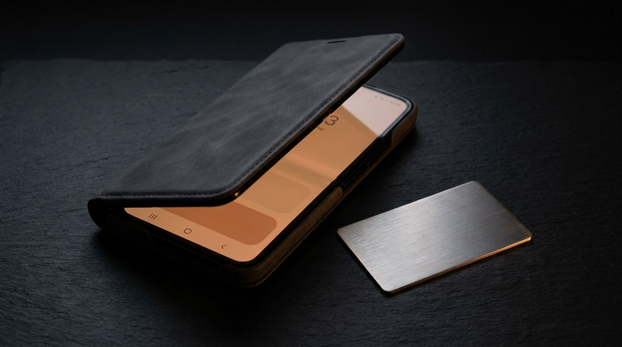 A sleek unbranded folding phone in a premium case beside a blank metal nameplate on a dark surface — the naming debate over Apple's first foldable, iPhone Fold or iPhone Ultra