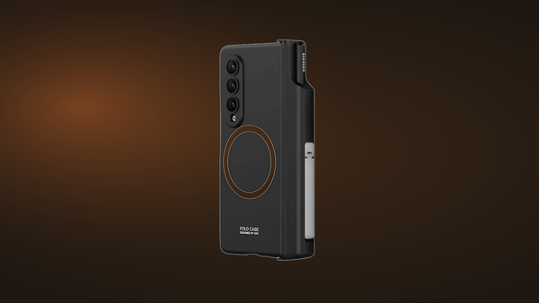 FoldifyCase Sync M1 flagship case in dramatic warm-amber spotlight on dark walnut backdrop — confident decision-hero for which Galaxy Z Fold 8 Ultra case to buy in 2026