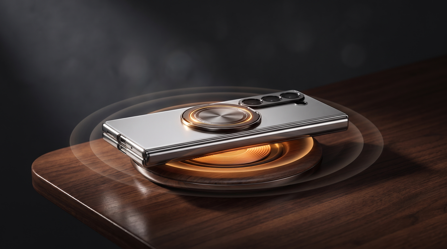 FoldifyCase Axon M2 magnetic ring case on a circular Qi wireless charging pad with warm amber energy waves radiating outward on a polished dark walnut desk — editorial hero for the Galaxy Z Fold 8 wireless charging with case question