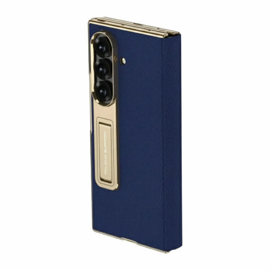 Aegis T1 Z Trifold case on Samsung Galaxy Z Fold showing triple-panel protection guarded hinge leather-texture finish and integrated kickstand