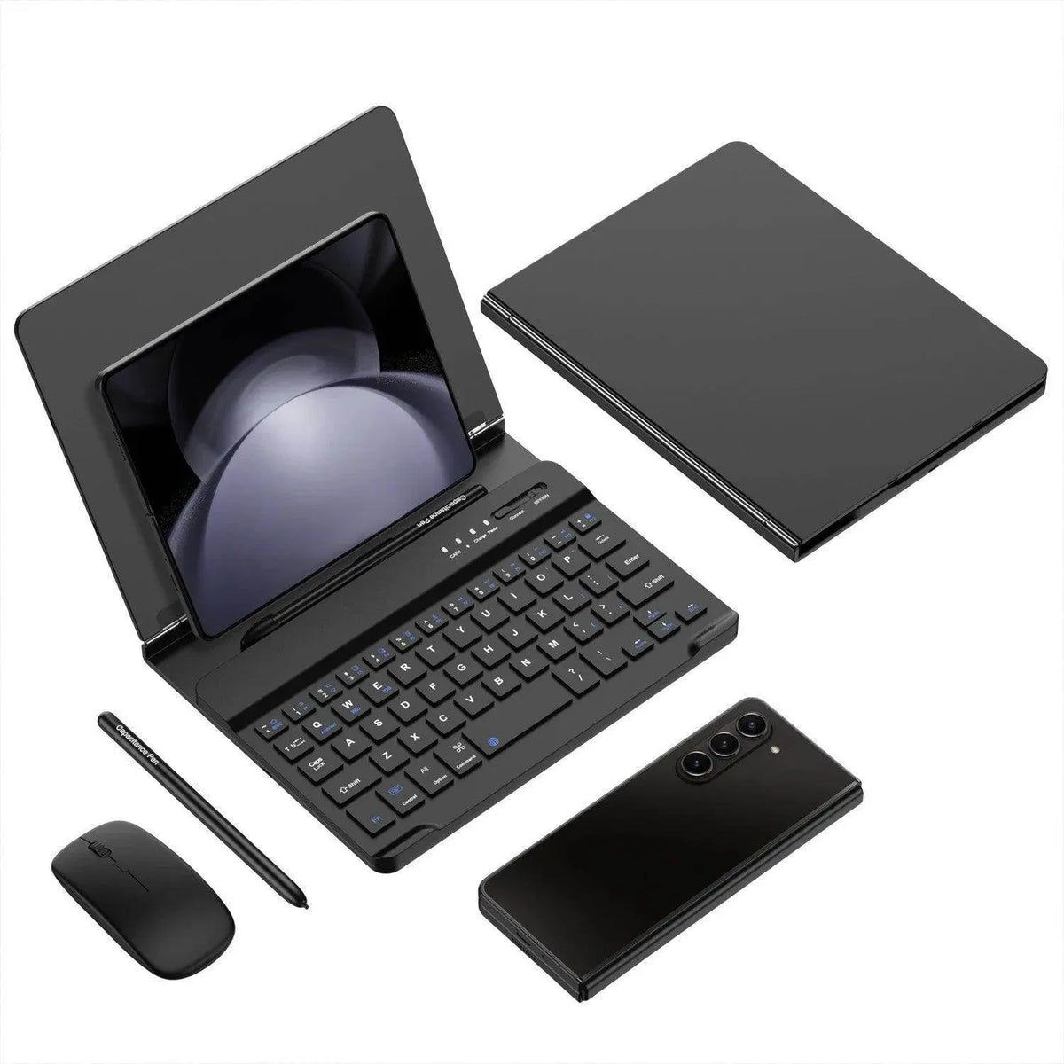 Black foldable smartphone with detachable keyboard, capacitive pen, and wireless mouse on white background