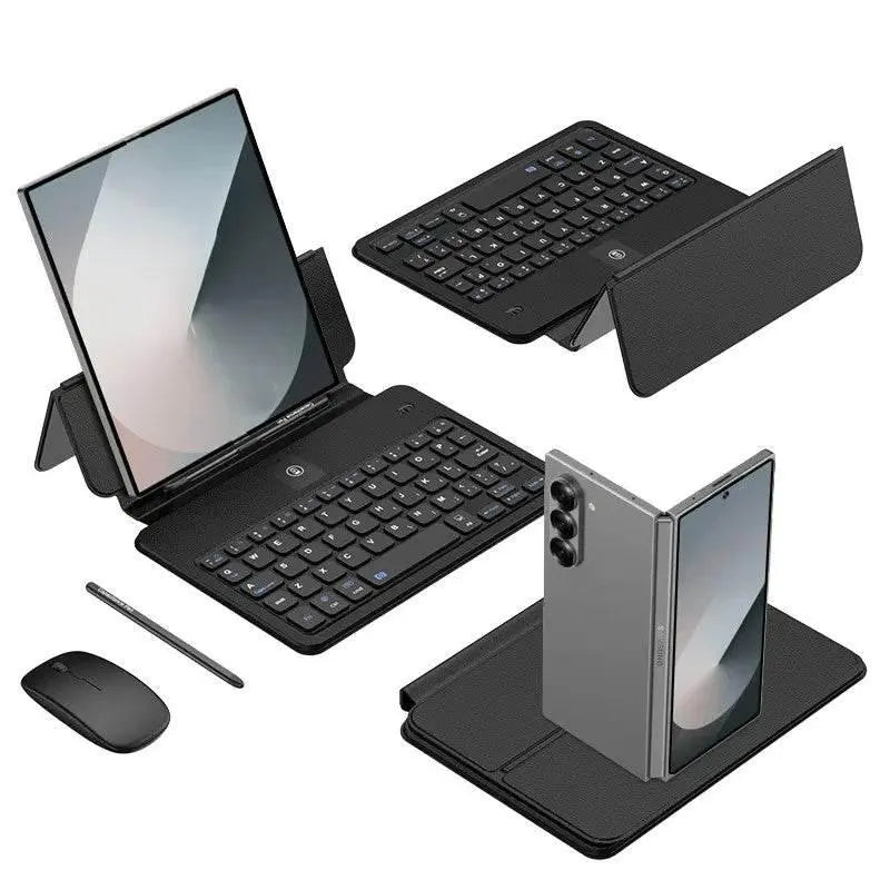 Black foldable keyboard case with tablet holder, wireless mouse, stylus, and foldable smartphone in black protective cover